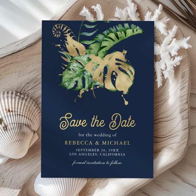 Save The Date Monstera Tropical Palm Photo Mariage bleu marine (Créateur téléchargé)