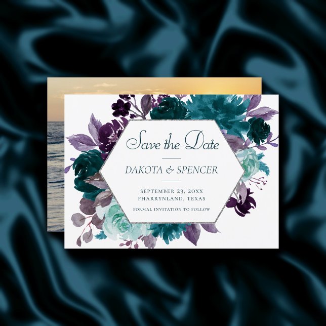 Save The Date Moody Boho | Turquoise cadre de bouquet pourpre tu (Créateur téléchargé)