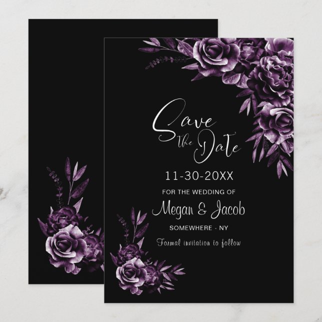 Save The Date Moody Mariage floral noir et violet (Devant / Derrière)