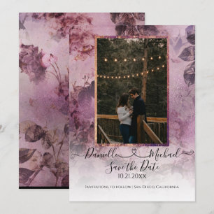 Save The Date Moody Moderne Floral Purple Script Coeur Photo