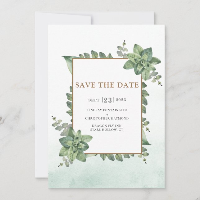 Save The Date Moss Green Gold Aquarelle Mariage de trame Succule (Devant)