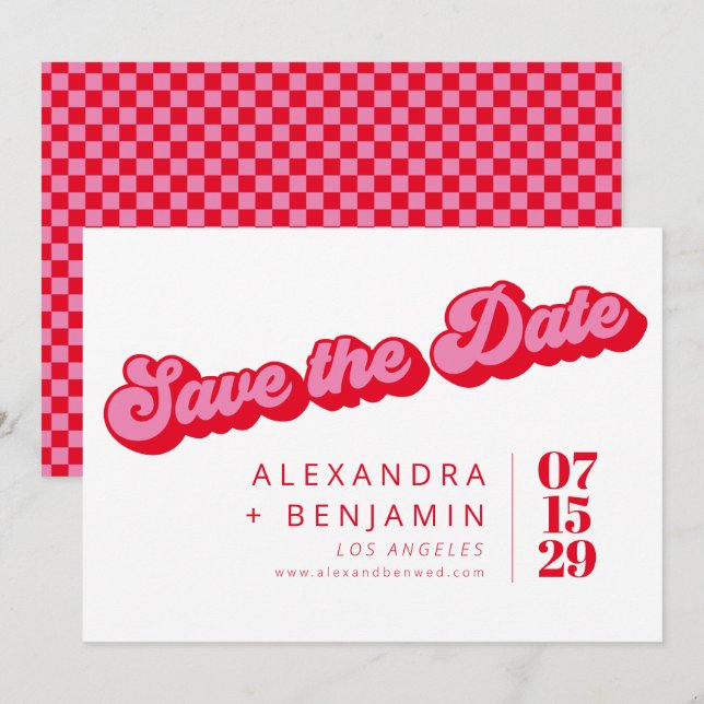 Save The Date Motif à carreaux rose rouge gras rétro mode (Devant / Derrière)