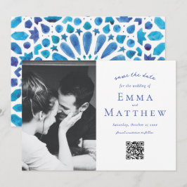 Save The Date Motif de carreaux bleus méditerranéens en photo QR