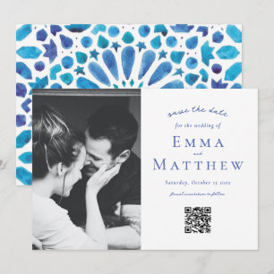 Save The Date Motif de carreaux bleus méditerranéens en photo QR