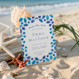 Save The Date Motif de carrelage bleu méditerranéen Mariage QR