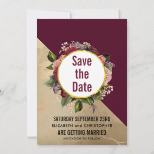 Save The Date Motif Marbre Doré et Mariage Floral Bourgogne