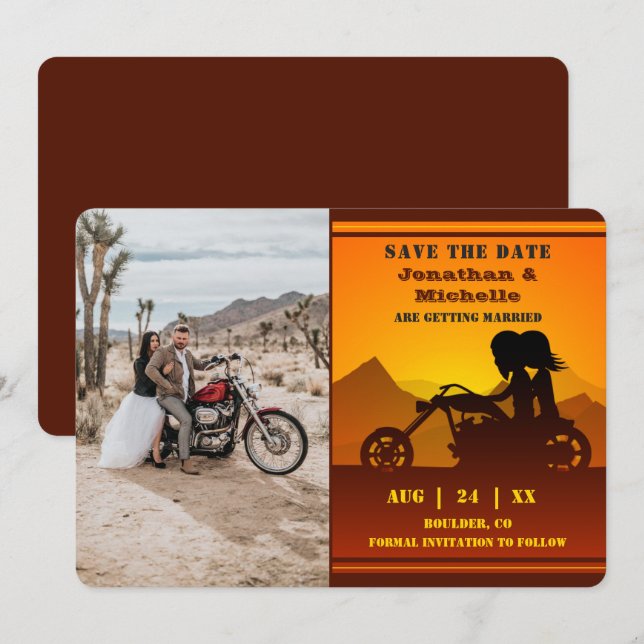 Save The Date Moto Couple Mountain Sunset Mariage photo (Devant / Derrière)