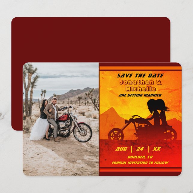 Save The Date Moto Couple Mountain Sunset Mariage photo (Devant / Derrière)