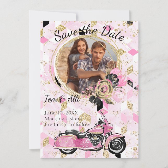 Save The Date Motorcycle Photo Floral Enregistrer la date (Devant)