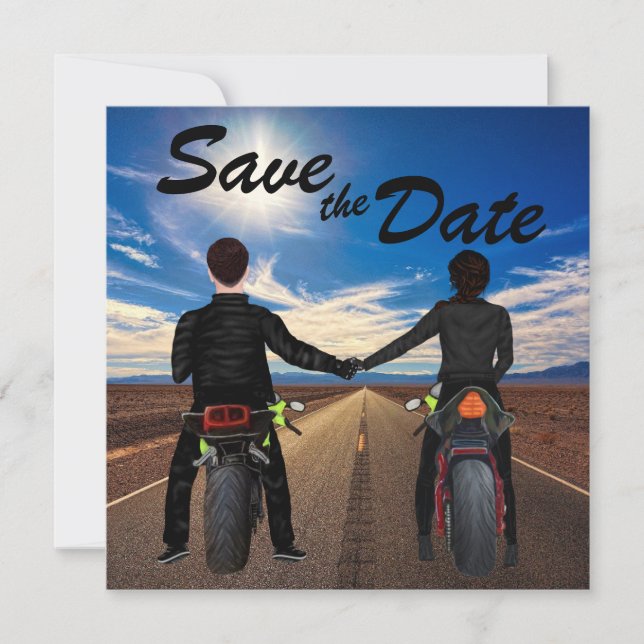 Save The Date Motos à équitation couple sur Sunny Highway Mariag (Devant)