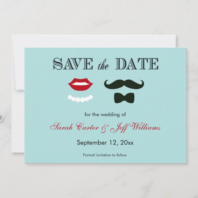 Save The Date Moustache et lèvres Aqua Stripe Enregistrer les ca (Devant)
