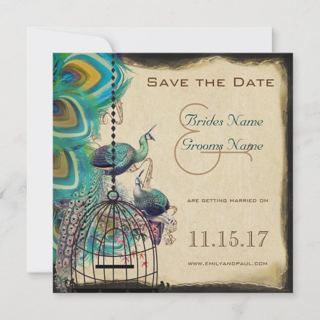 Save The Date Musical Peacock Bird Cage Inséparables Enregistrer (Devant)