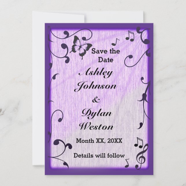 Save The Date Musique Papillon Feuille Bleu & Purple Mariage Boi (Devant)
