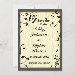Save The Date Musique Papillon Feuille Jaune Tan Mariage en bois