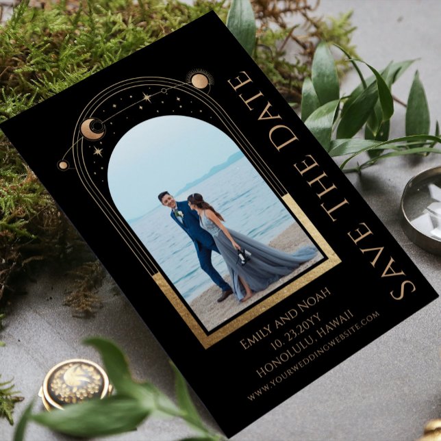 Save The Date Mystic Chic Black Gold Sun Moon Star Space (Créateur téléchargé)