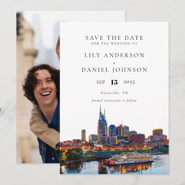 Save The Date Nashville Riverfront Watercolor Photo Wedding (Devant / Derrière)