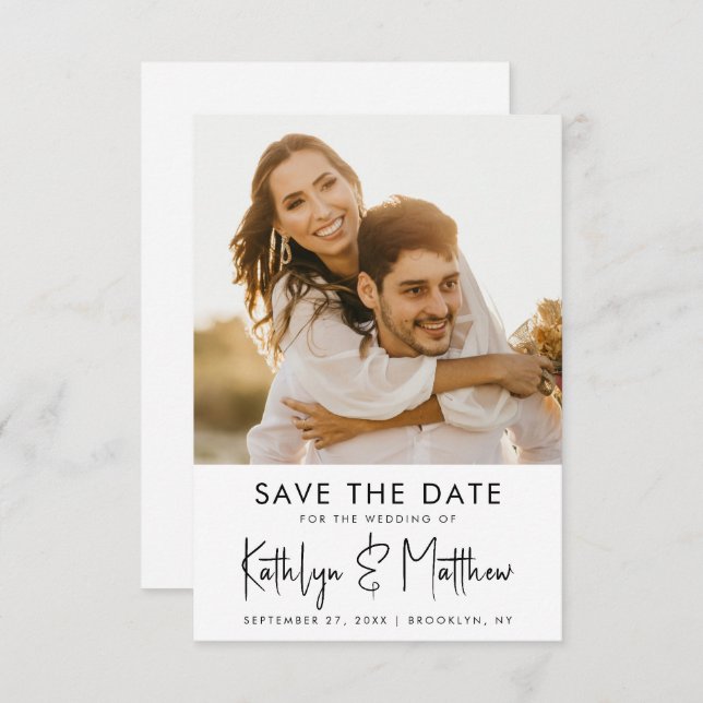 Save The Date Natural White Fun Script Mariage photo moderne (Devant / Derrière)