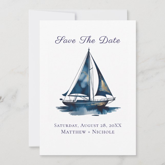 Save The Date Navy Blue and Gold Sailboat Nautical Wedding (Devant)