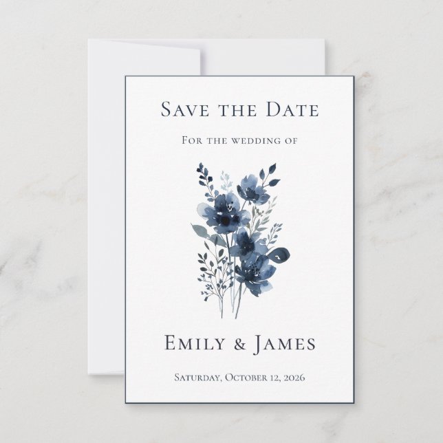 Save The Date Navy Blue Botanical Wedding (Devant)