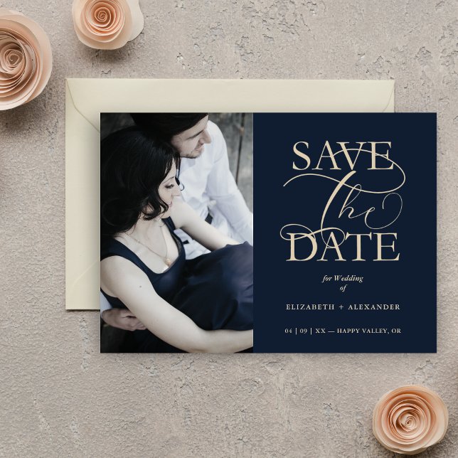 Save The Date Navy Blue Fancy Trendy Wedding Photo Faux Gold (Navy Blue Fancy Trendy Wedding Photo Faux Gold Save the Date Card with Envelope.)