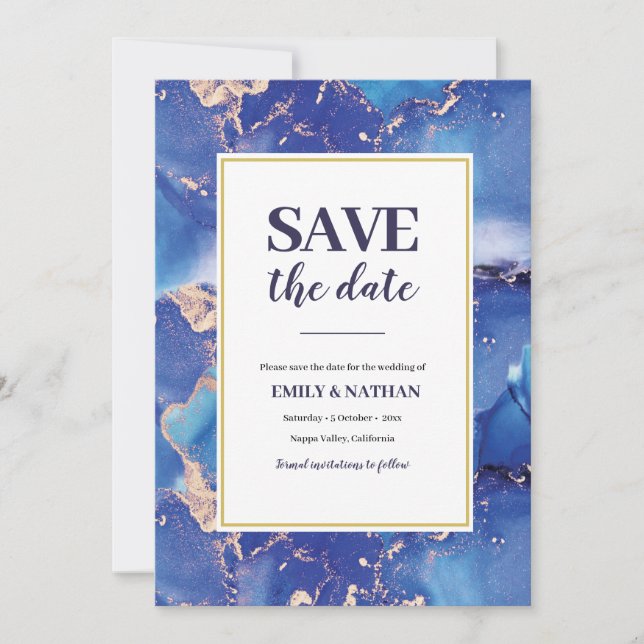 Save the Date Navy Blue Gold Inky Einladung (Vorderseite)
