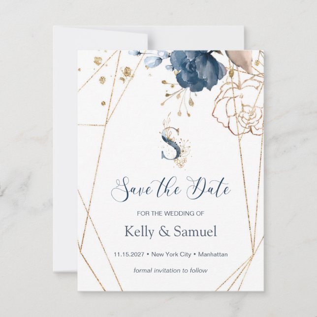 Save The Date Navy blue & gold roses Enregistrez la Date (Devant)