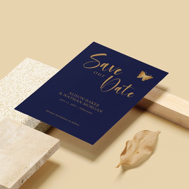 Save The Date Navy Blue & Gold Script : Parties scintillant    B (Personalized Navy Blue & Gold Script: Glitter Butterfly Wedding Save The Date)