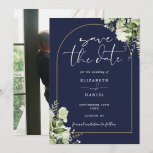 Save The Date Navy Blue Greenery Gold Arch Photo Mariage