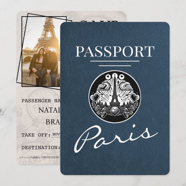 Save The Date Navy Blue Paris Passport Enregistrer La Date (Devant / Derrière)