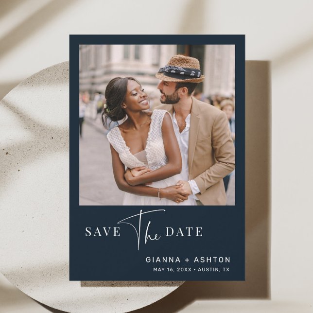 Save The Date Navy Blue Simple Modern Script Mariage photo (Créateur téléchargé)