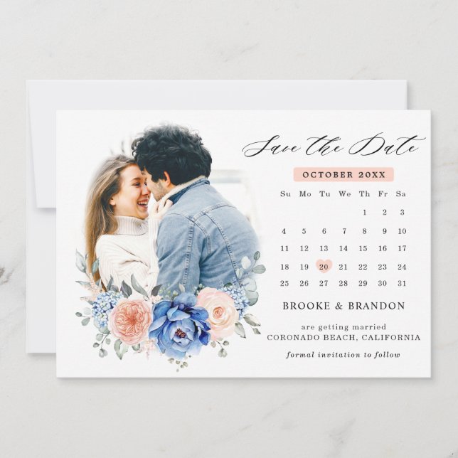 Save The Date Navy Blue Slate Dusty Blush Floral Mariage Photo  (Devant)