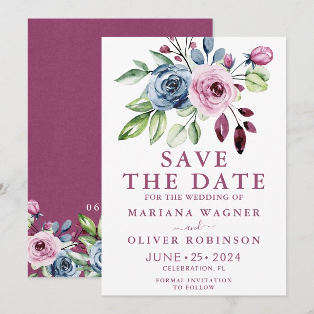 Save the Date Navy Blue Watercolor Floral Einladung (Vorne/Hinten)