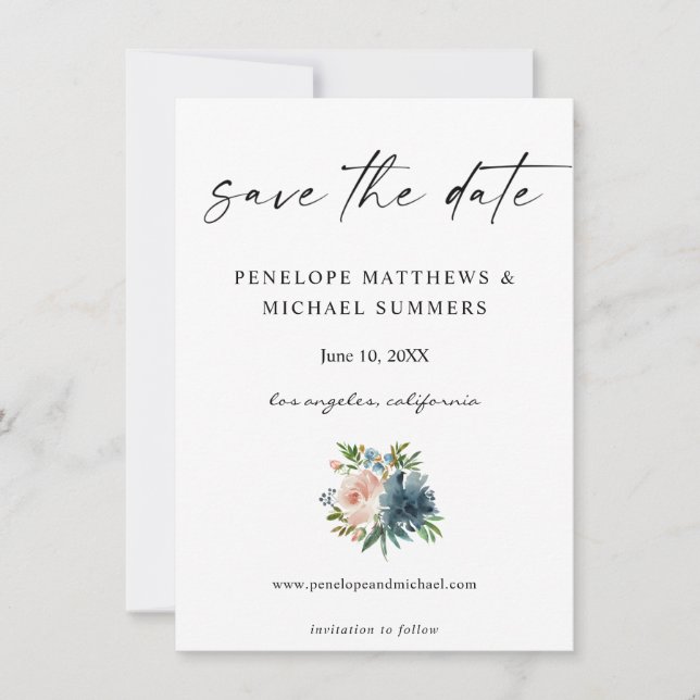 Save The Date Navy Dusty Blue & Pink Floral Enregistrer la date (Devant)