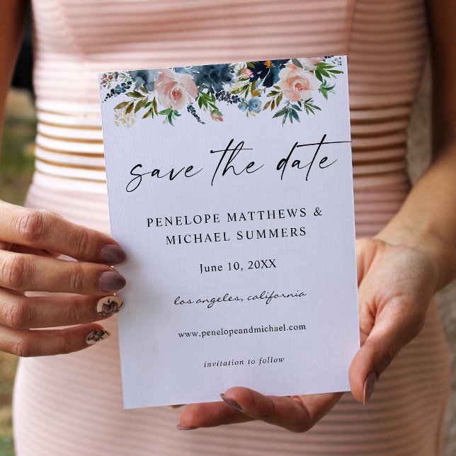 Save The Date Navy Dusty Blue & Pink Floral Enregistrer la date  (Créateur téléchargé)