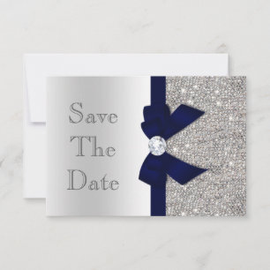Save The Date Navy Faux Nœud et Diamants Argent Faire Part de Da