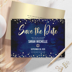 Save The Date Navy Or Glitter Bat Mitzvah Écriture Moderne Gras