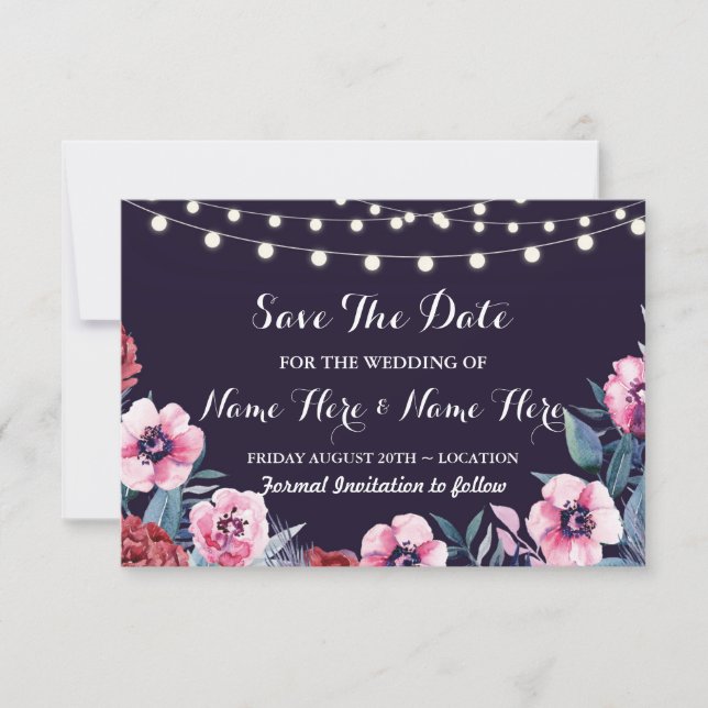 Save the Date Navy Pink Burgund Blume laden ein (Vorderseite)