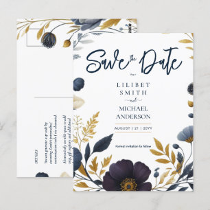 Save the Date Navy Yellow Gold Floral Elegant Postkarte