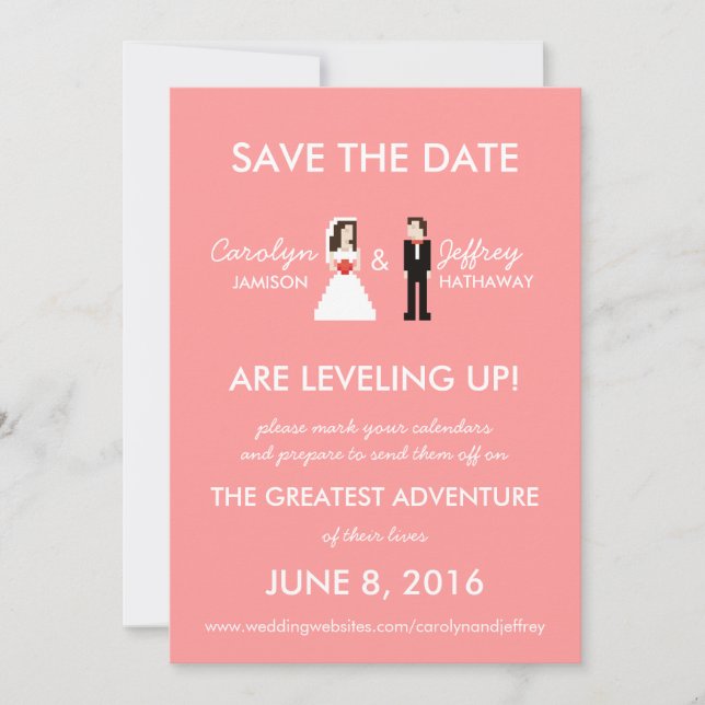 Save The Date Nerdy Pink 8-Bit Bride & Groom Enregistrer les dat (Devant)