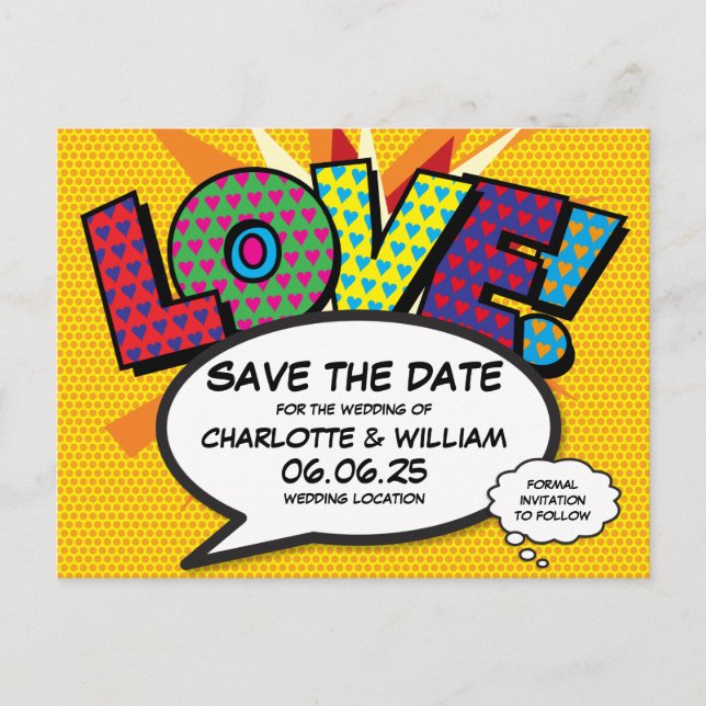 Save the Date Neues Comic Liebe Spaß Ankündigungspostkarte (Vorderseite)