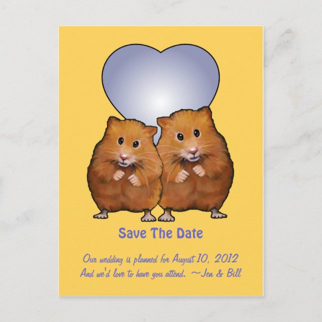 Save the Date: Niedlich Hamsterpaar: Herz Ankündigungspostkarte (Vorderseite)
