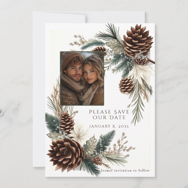 Save The Date Noces d'hiver Cônes de pin Aiguilles de pin (Devant)