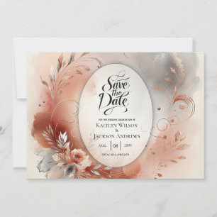 Save The Date Noces Pétales Rougissants et Tourbillons d'Argent