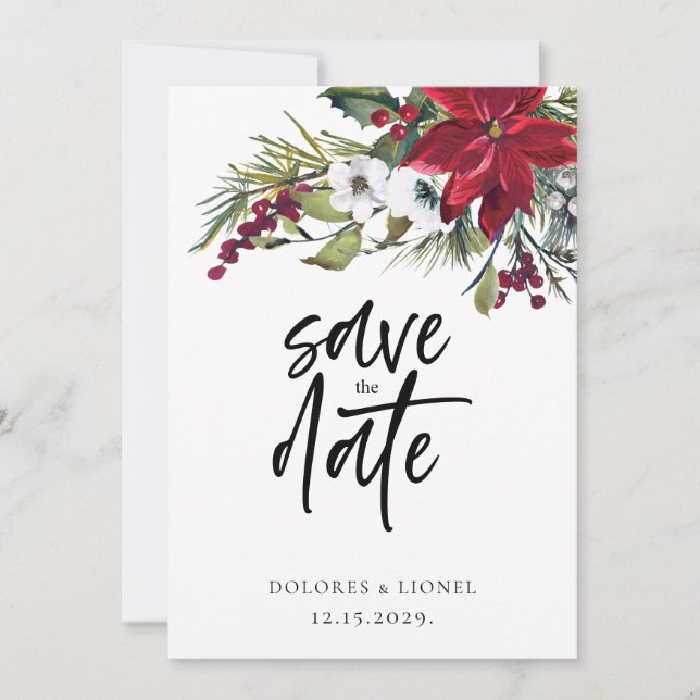 Save The Date Noel Poinsettia Script Wedding Enregistrer la date (Devant)