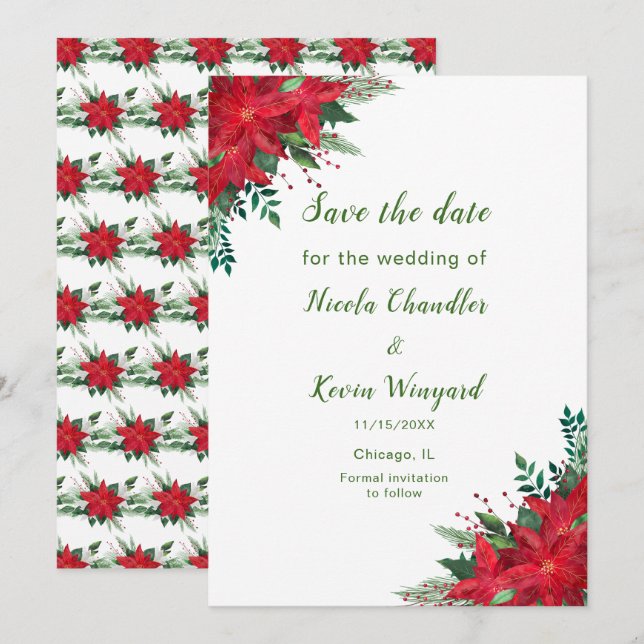Save The Date Noël Rouge Poinsettia Fleurs Mariage (Devant / Derrière)