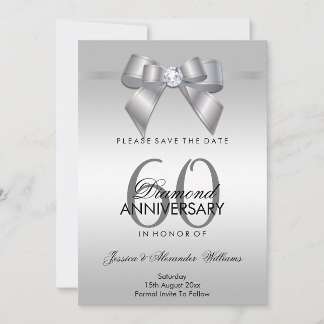 Save The Date Nœud et Ruban de Bijou Élégant 60e Anniversaire de (Devant)