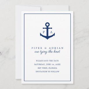 Save The Date Noeud Monogramme Ancre Bleu Marine Nautique