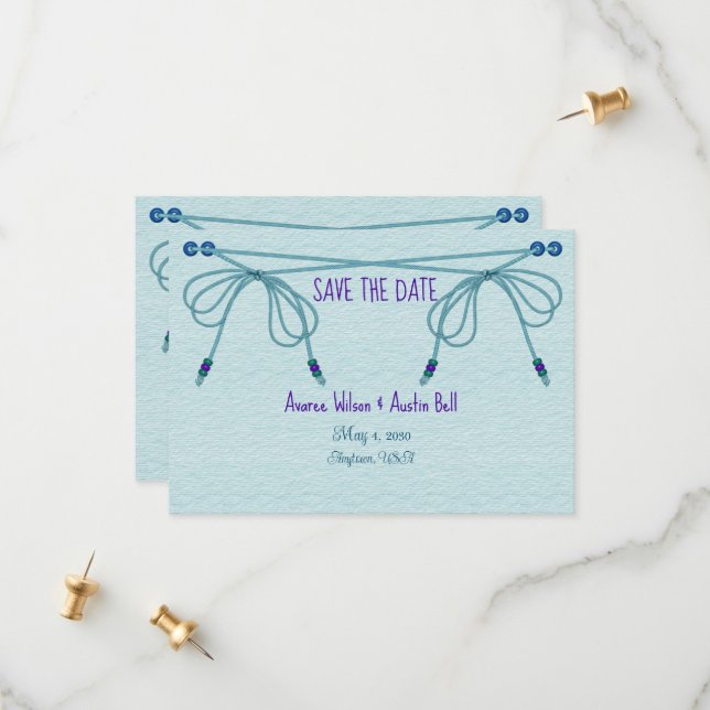Save The Date Nœuds de Mariage Amour Turquoise (Devant/Arrière en situation)