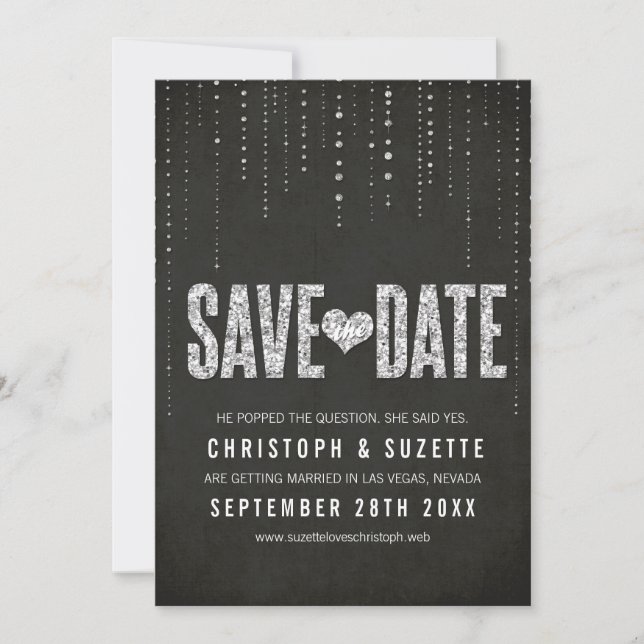 Save The Date Noir & Argent Pailleté Enregistrez La Date (Devant)