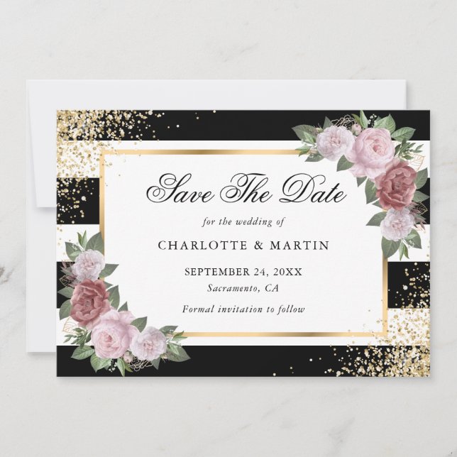 Save The Date Noir Blanc Confetti Blush Floral Mariage (Devant)